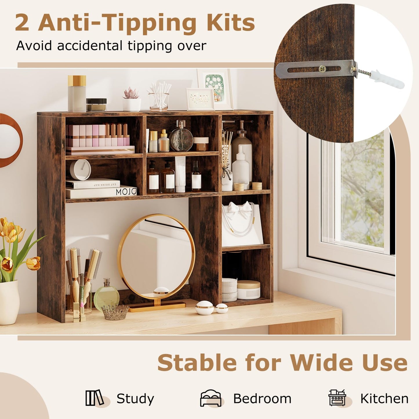 Tangkula Desktop Bookshelf 37" Countertop Storage Hutch with 7 Cubes & 3 Adjustable Shelves