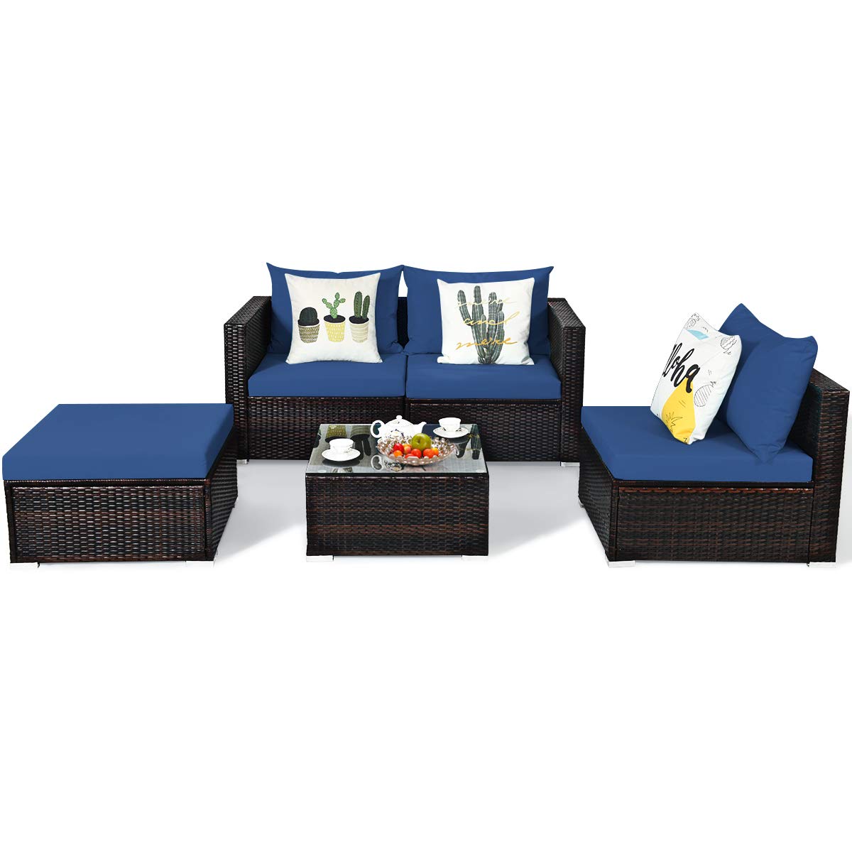 Tangkula 5 Piece Outdoor Patio Furniture Set with Glass Top Coffee Table