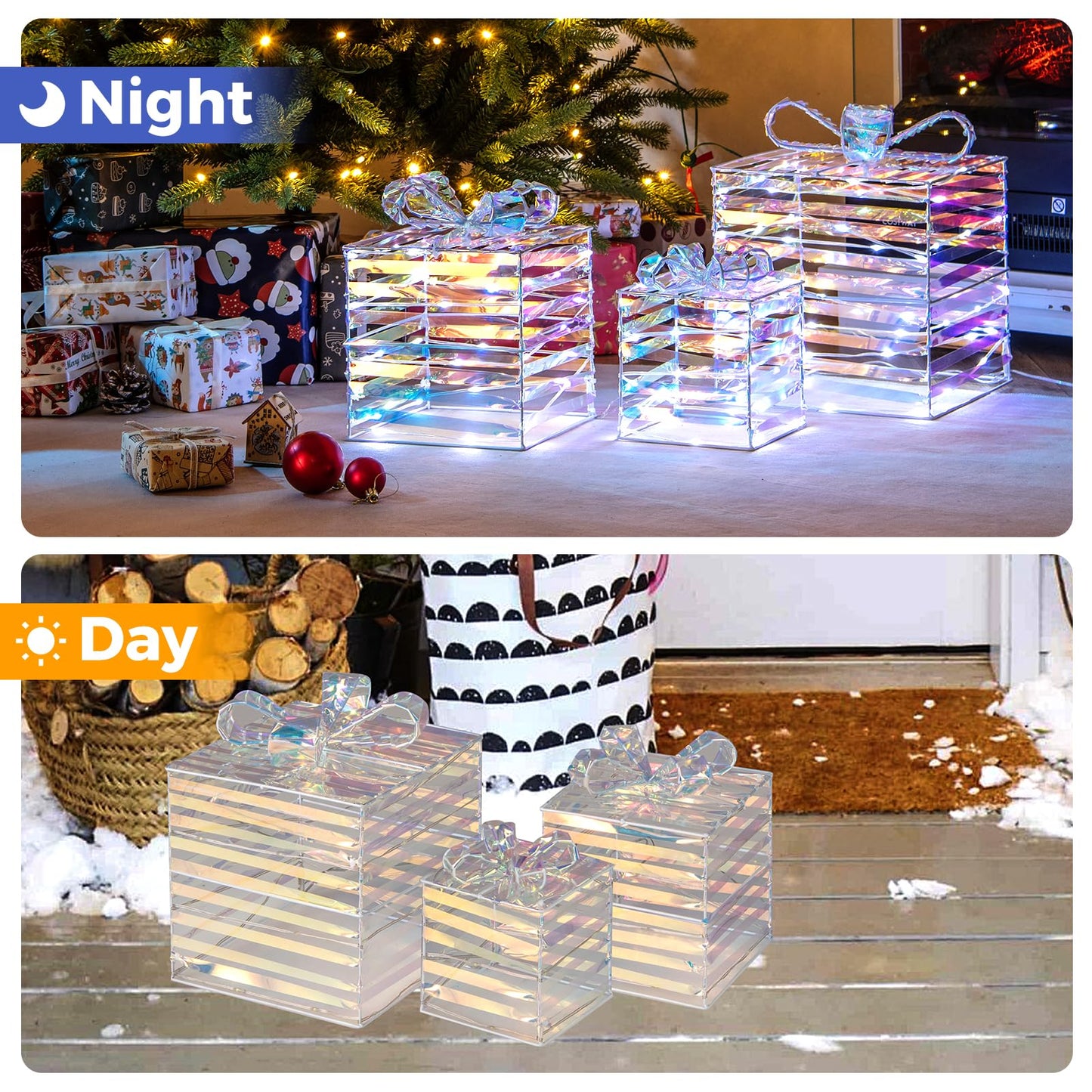 Tangkula Set of 3 Christmas Lighted Gift Boxes with Bows and Plug