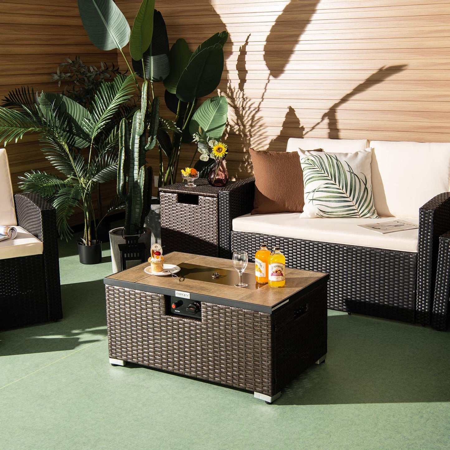 Tangkula 2 Piece Outdoor Propane Fire Pit Table Set with Hideaway Propane Tank Holder