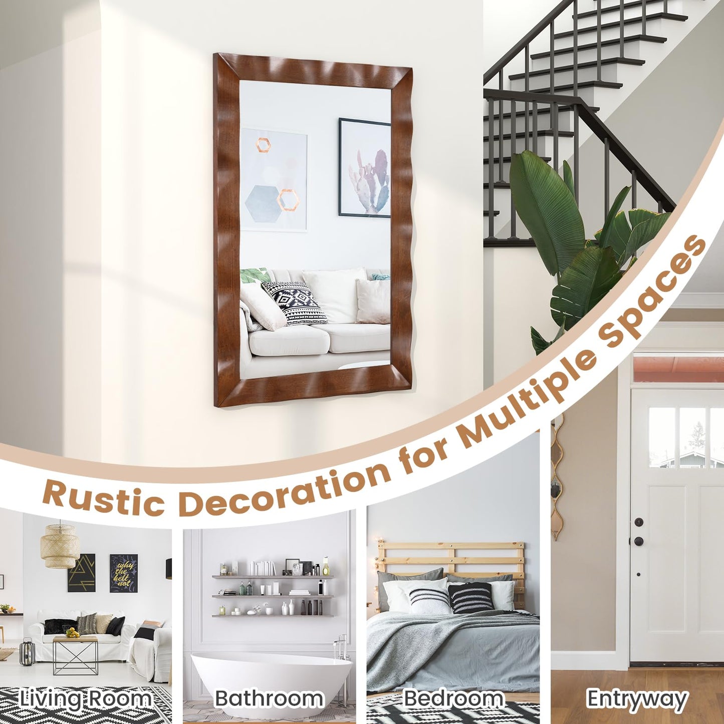 Tangkula 41.5" x 28" Farmhouse Wall Mirror, Rubber Wood Rustic Style Wall Mirror