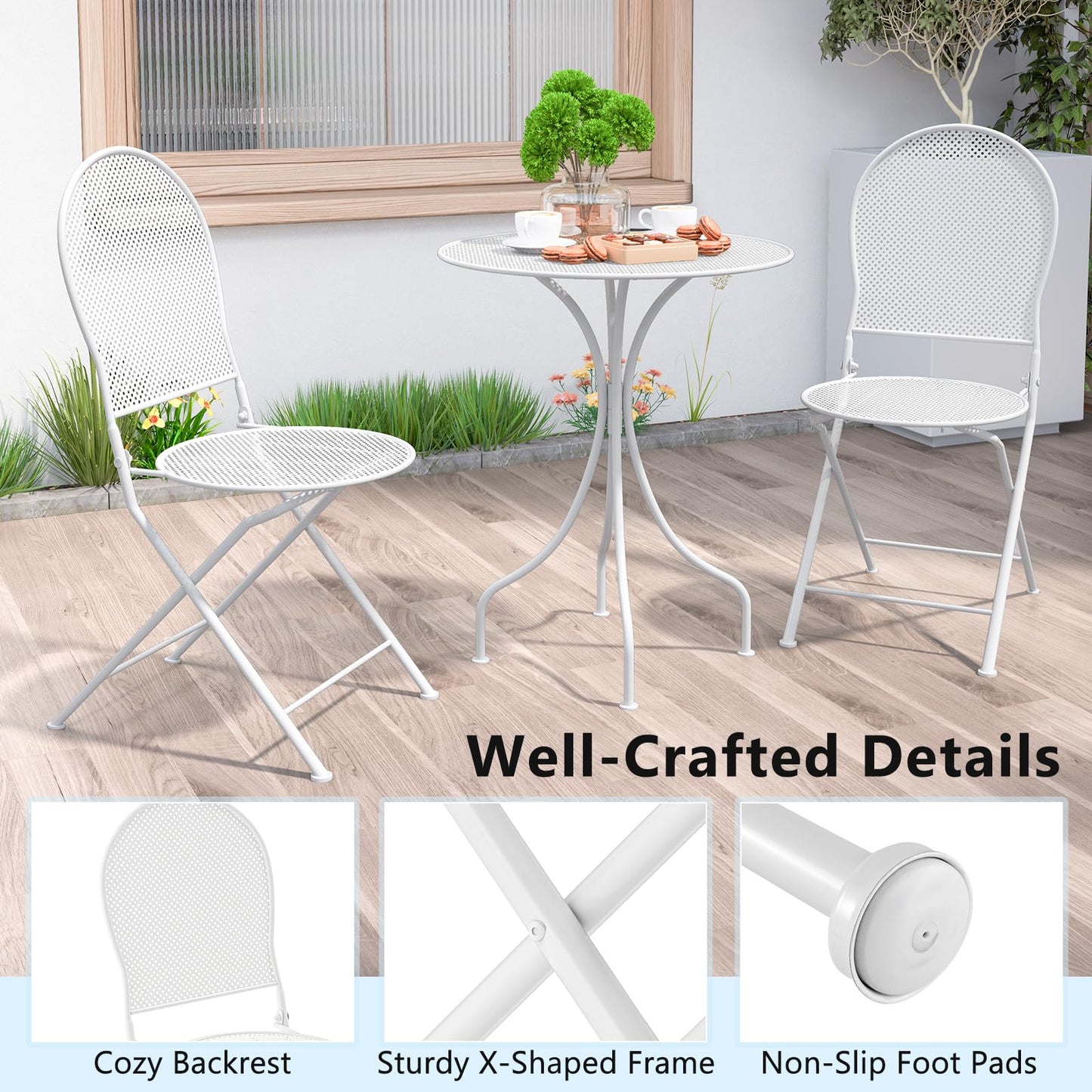 Tangkula 3 Pieces Patio Bistro Set, Metal Table and Folding Chair Set for 2
