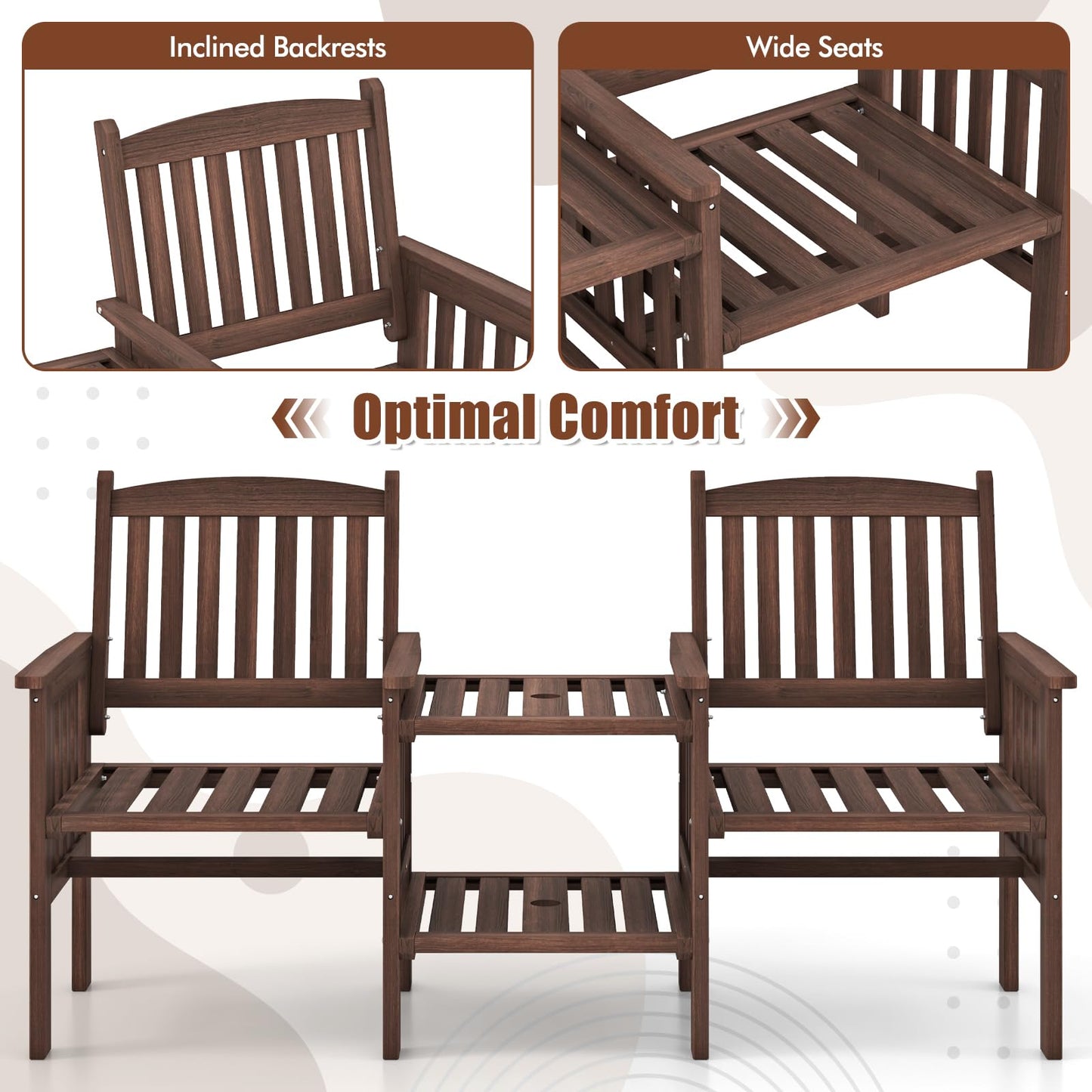 Tangkula Outdoor Fir Wood Loveseat with 2-Tier Side Table and Umbrella Hole