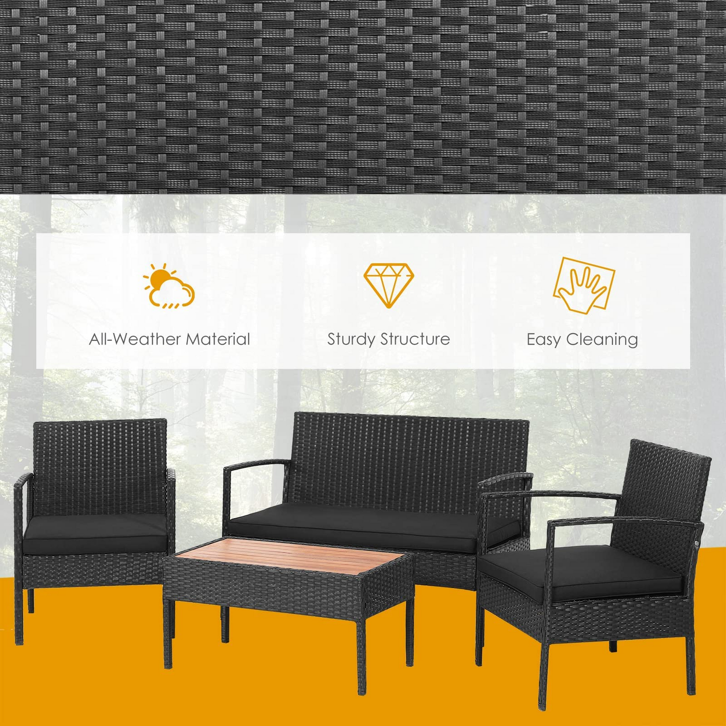 Tangkula 4 Piece Patio Rattan Conversation Set, Outdoor Wicker Sofa Furniture, Outside Sectional for Poolside, Deck, Garden
