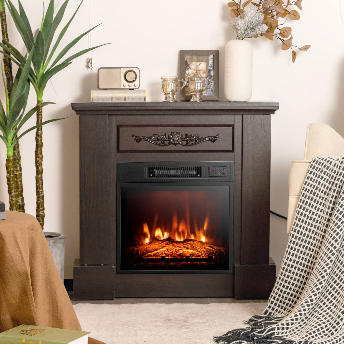 Tangkula Electric Fireplace Insert, Recessed 1400 W Electric Fireplace