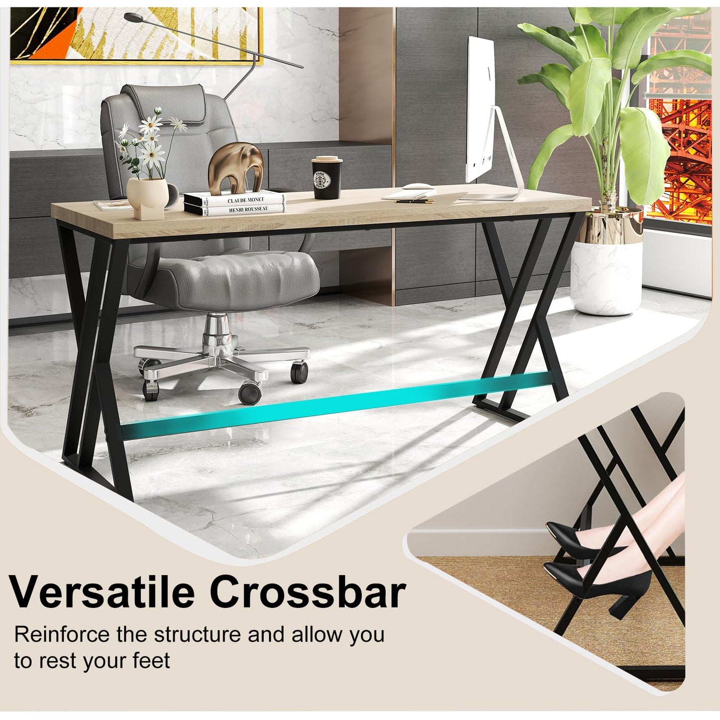 Tangkula 59" Home Office Desk with Heavy-Duty Metal Frame & Crossbar