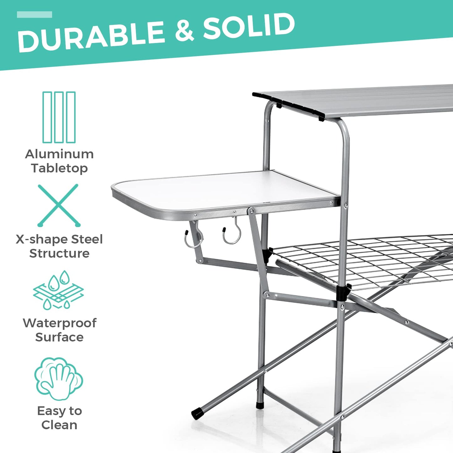 Folding Grill Table, Aluminum Camping Kitchen Table with Cook Station,