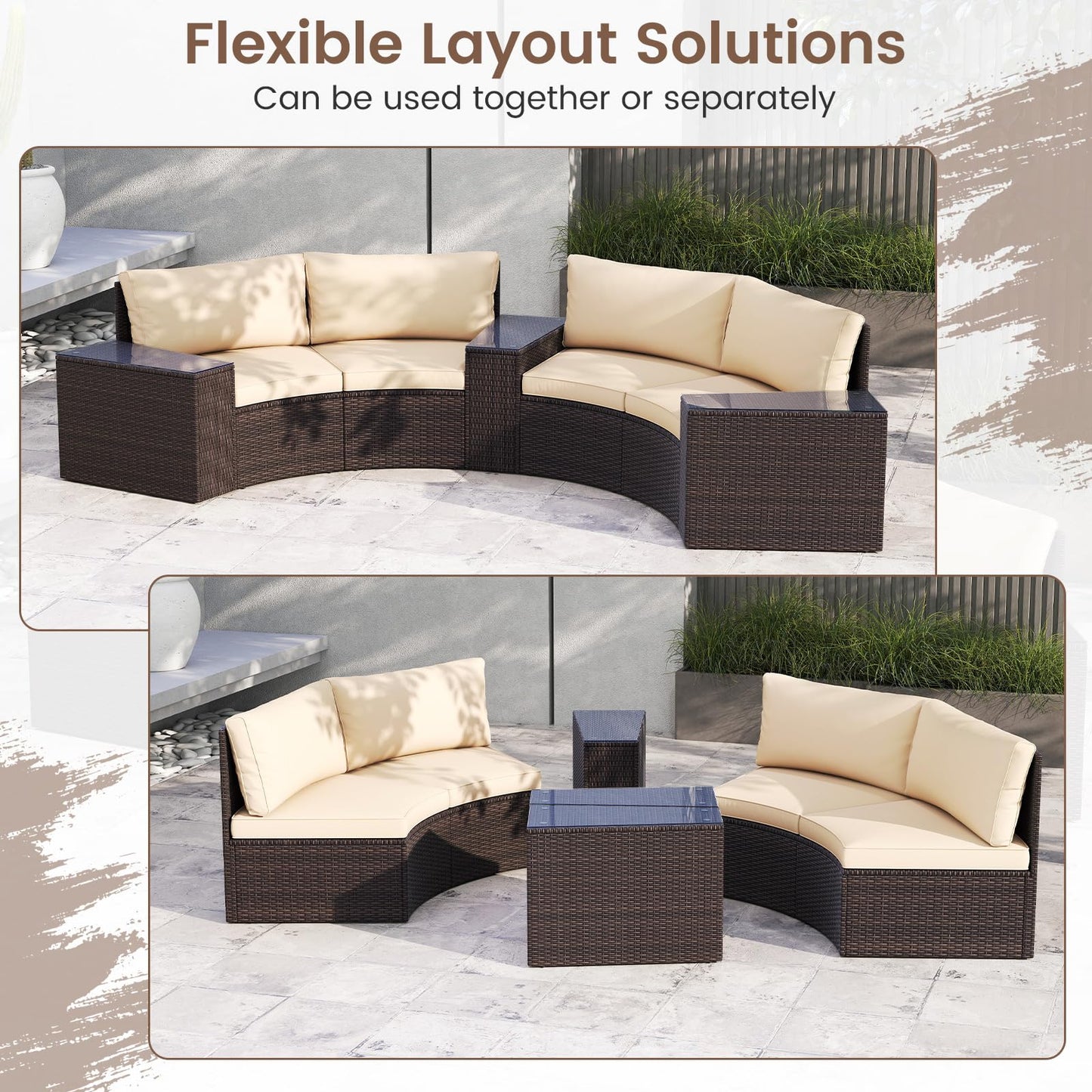 Tangkula 5 Pieces Patio Furniture Set PE Rattan Half-Moon Curved Sectional Sofas