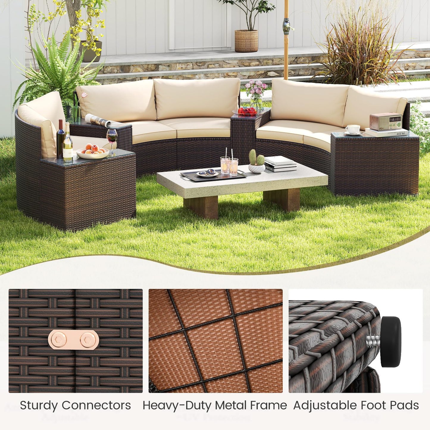 Tangkula 5 Pieces Patio Furniture Set Rattan Half-Moon Curved Sectional Cushioned Sofas