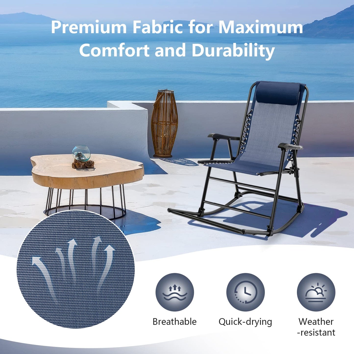 Outdoor Folding Rocking Chair, No Assembly Required, Foldable Rocker Recliner with Headrest