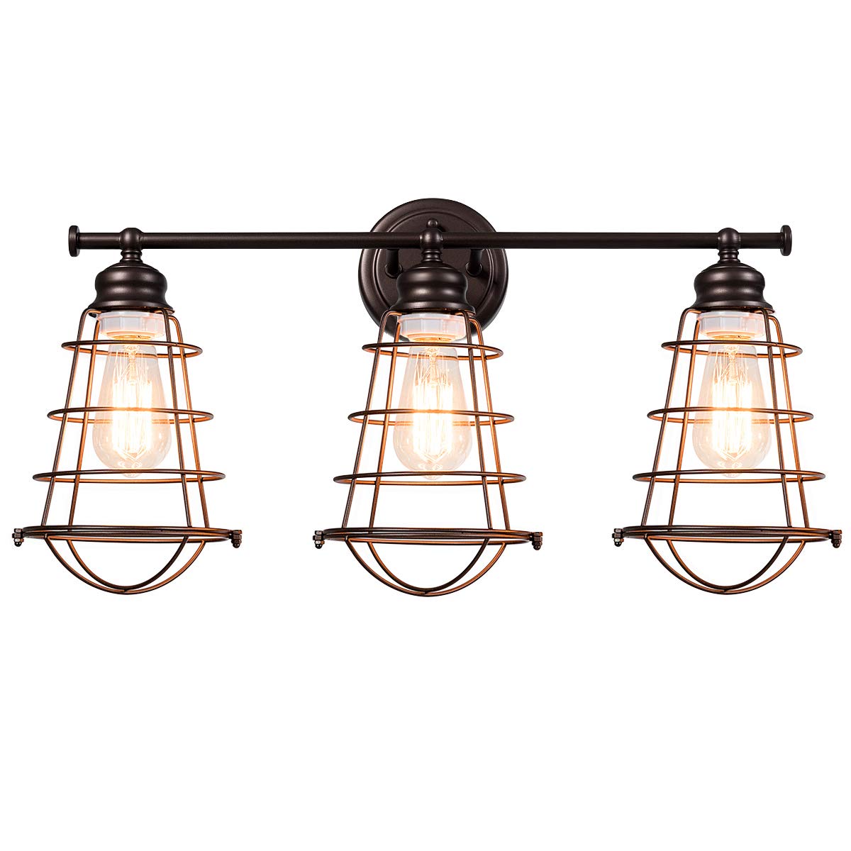 Tangkula 3-Light Vintage Vanity Lights, Industrial Metal Wire Cage Wall Sconces(Black & Golden)
