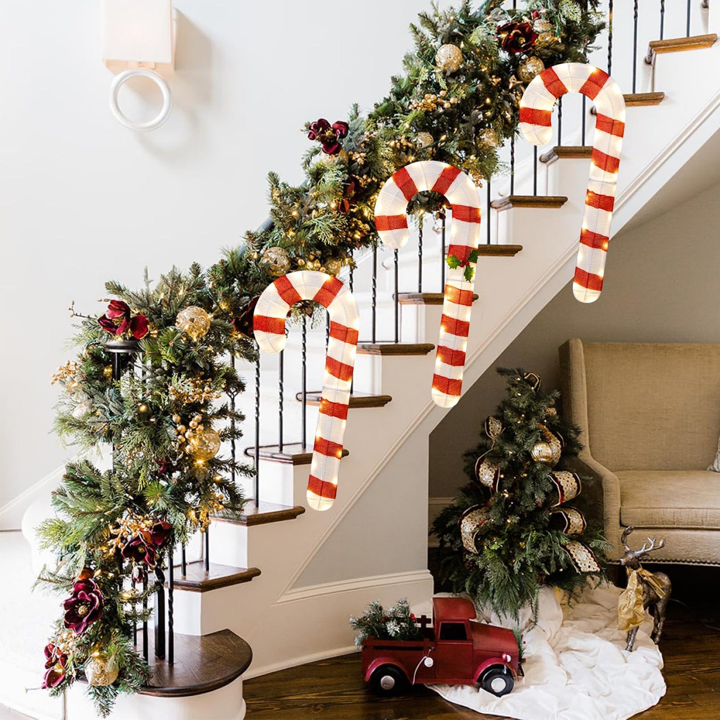 Tangkula Lot de 3 cannes à sucre lumineuses de Noël pour l'extérieur, 80 cm, avec 75 lumières LED
