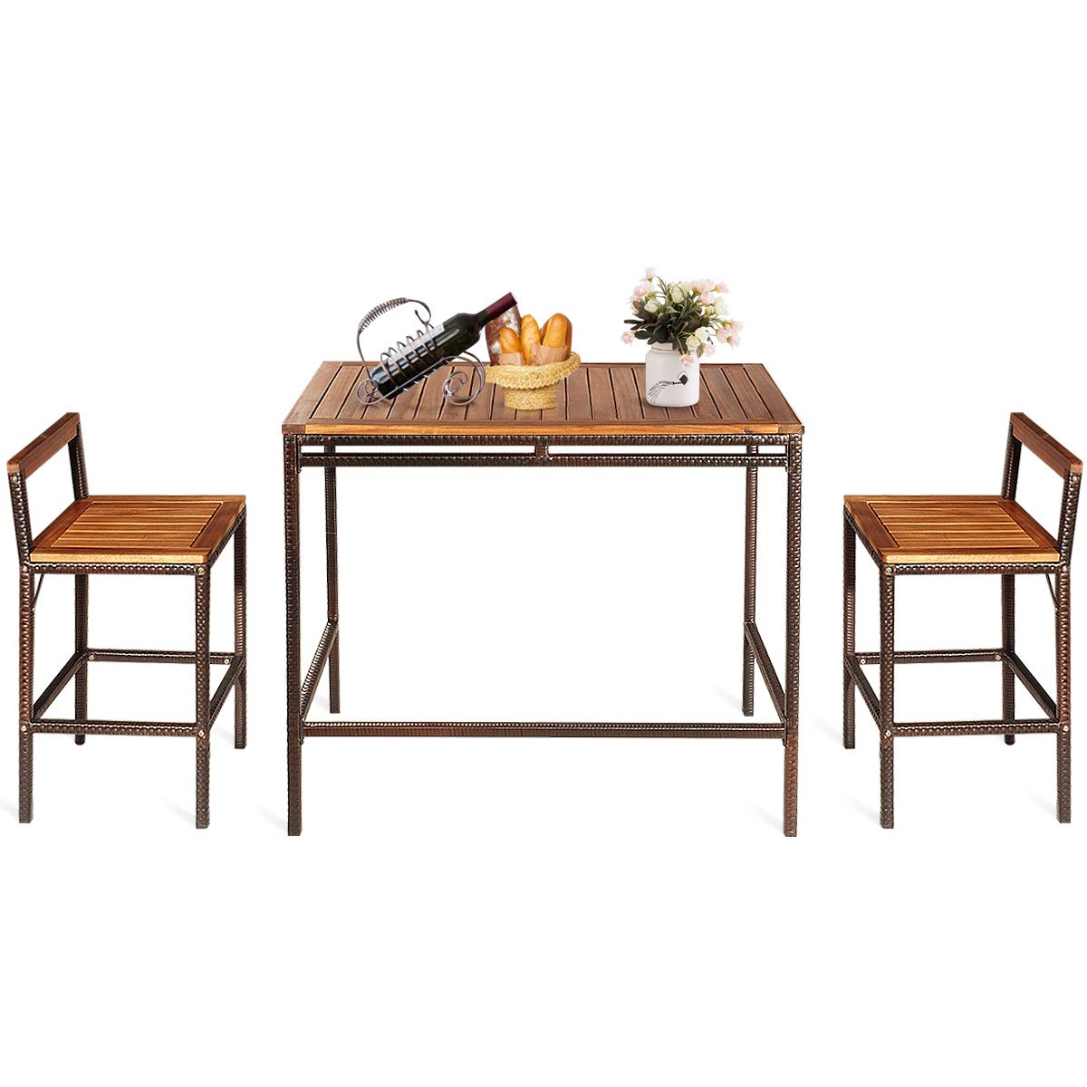 Tangkula 3 PCS Patio Bar Table Set, Outdoor Rattan Bar Set Bistro Set with Acacia Wood Top
