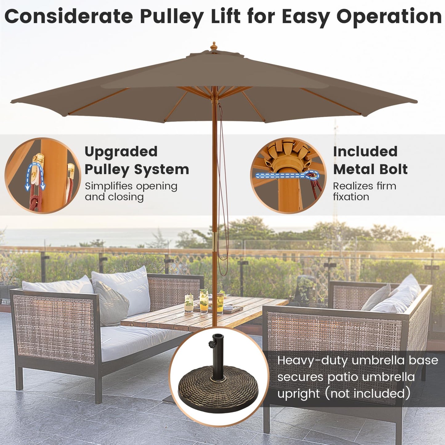 Tangkula 10FT Patio Umbrella, Outdoor Table Market Umbrella w/8 Wooden Ribs