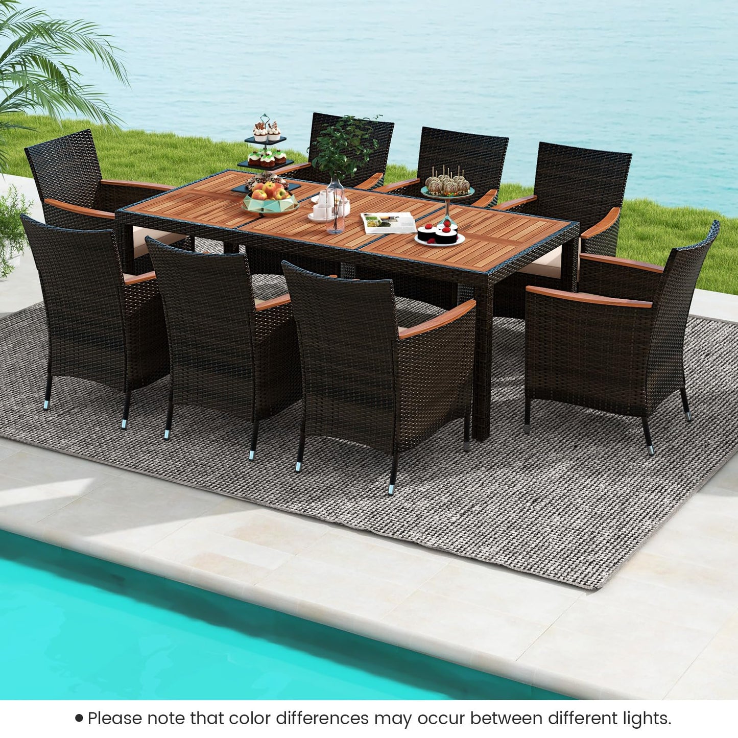 Tangkula 7 or 9 Piece Outdoor Dining Set, Patio Wicker Furniture Set with Acacia Wood Table Top w/Umbrella Hole