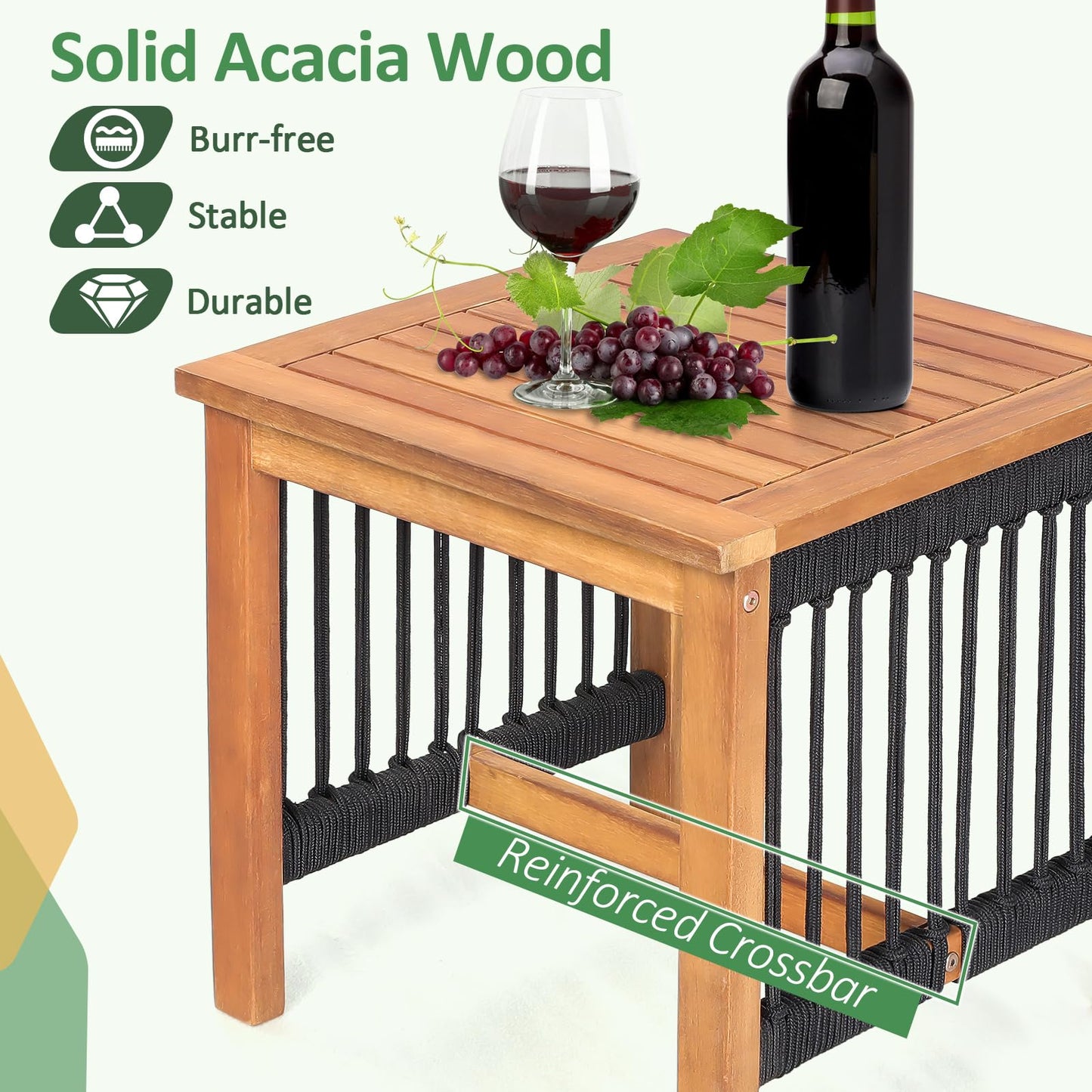 Tangkula 3 Pieces Acacia Wood Rocking Bistro Set, All-Weather Rope Woven Patio Furniture Set with Coffee Table
