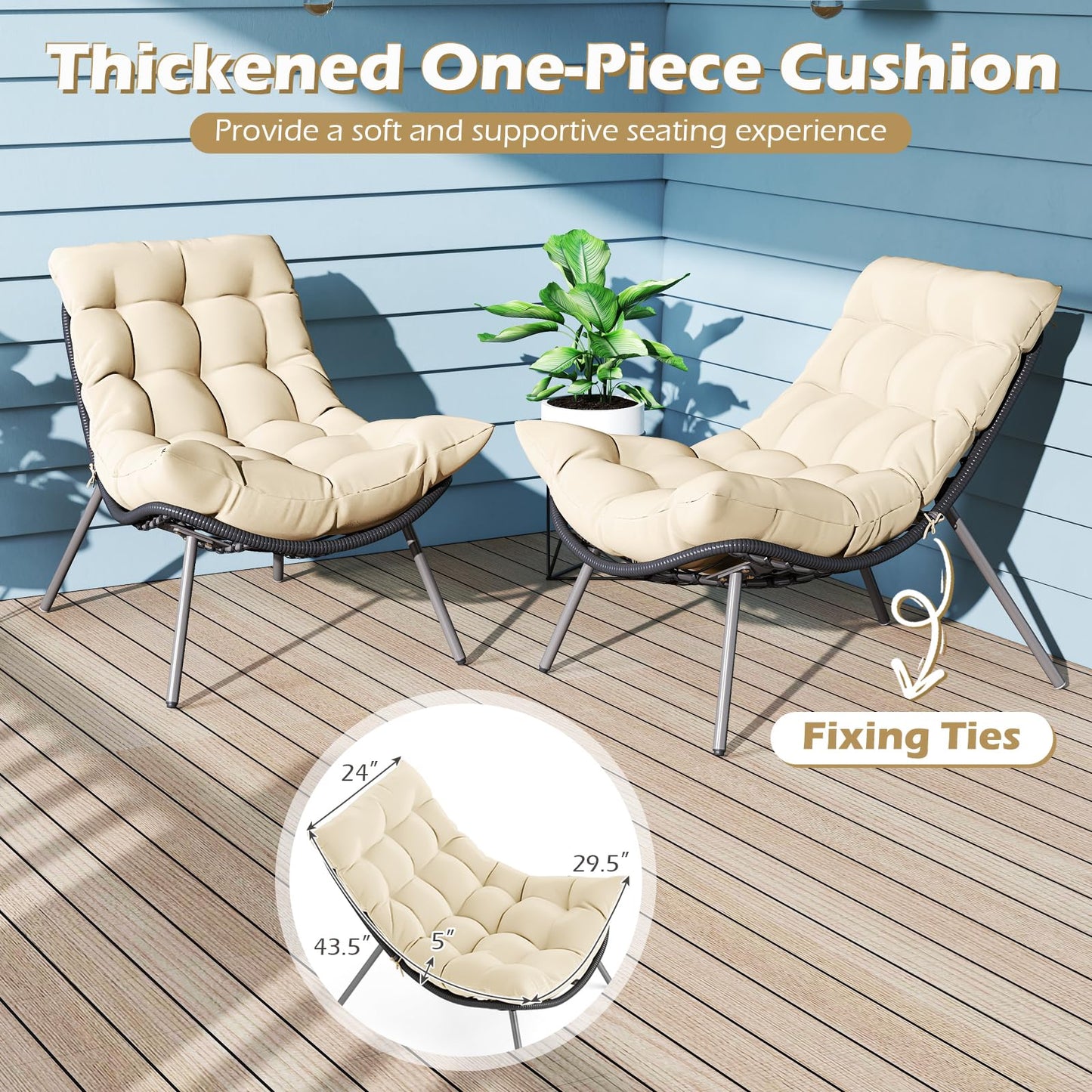 Tangkula 3 Pieces Patio Furniture Set with Cushioned Papasan Chairs and Tempered Glass Coffee Table for Porch