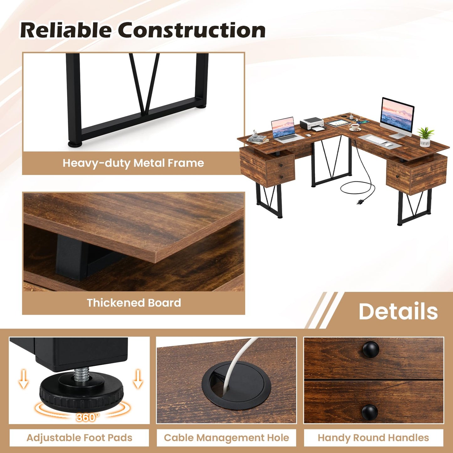 Tangkula 59" L-Shaped Office Desk with 3 Drawers & Charging Station