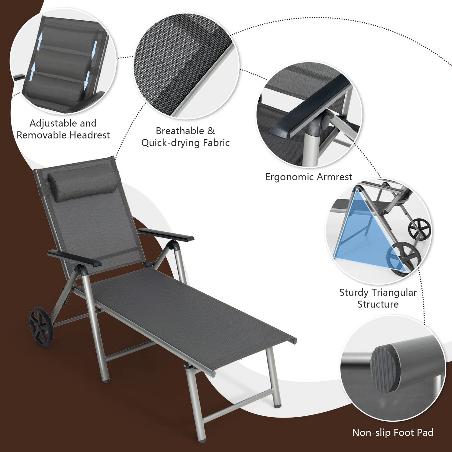 Tangkula Outdoor Aluminum Chaise Lounge Chair with Wheels