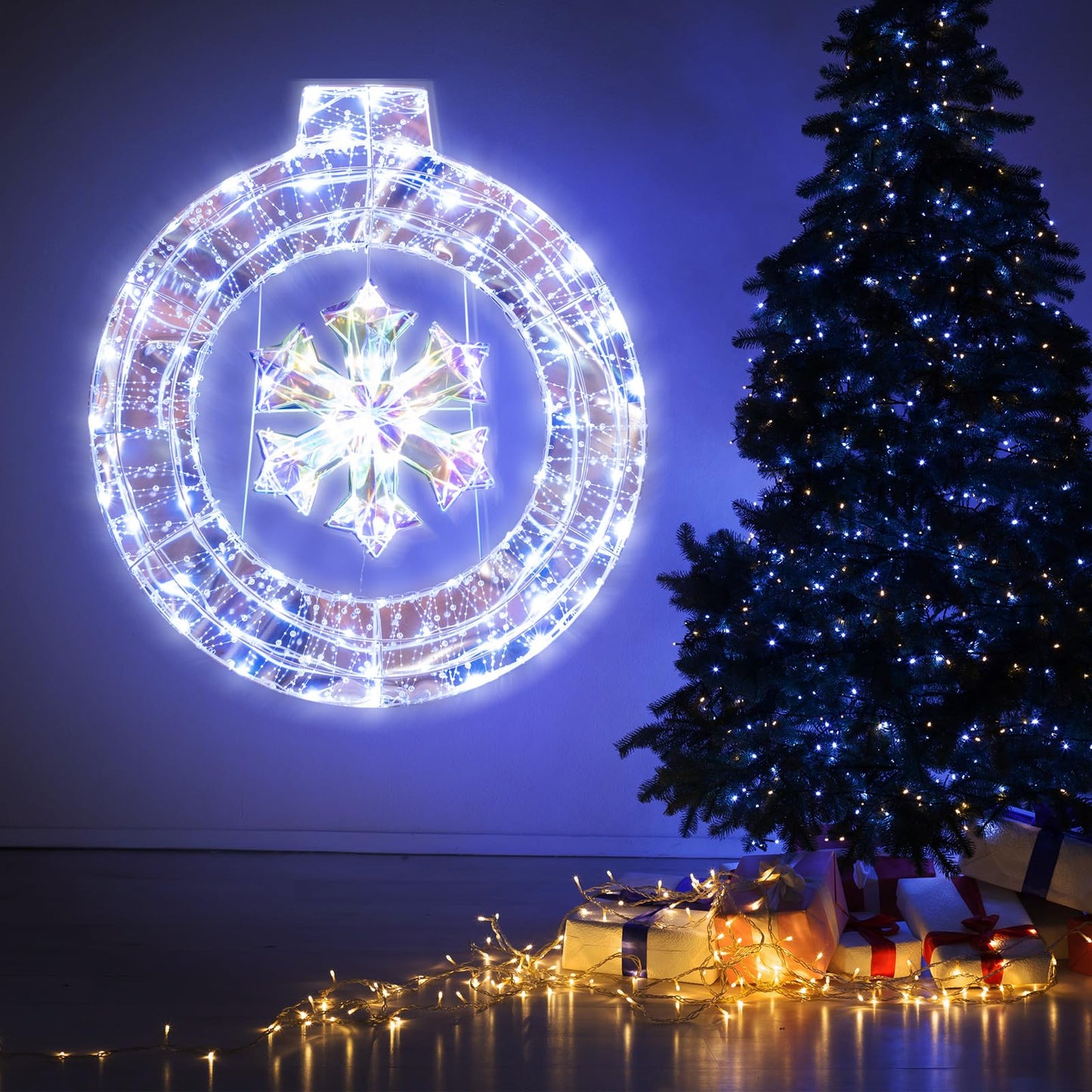 Tangkula 33 Inch Lighted Snowflake Christmas Wreath w/Hanging Ring & Support Bracket