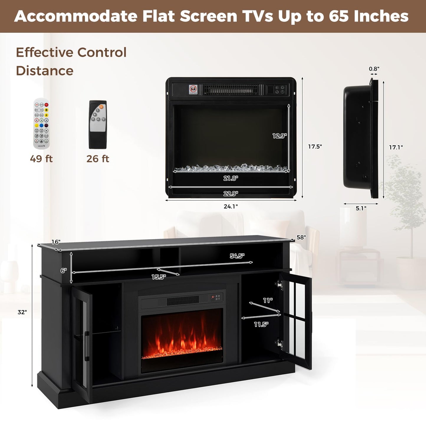 Tangkula Fireplace TV Stand for 65 Inch TV for Living Room