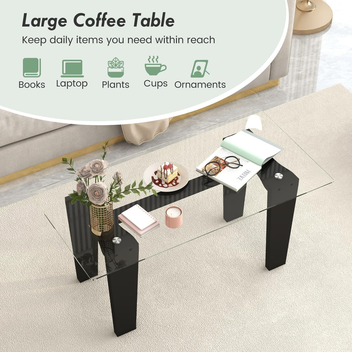 Tangkula Glass Coffee Table, 39.5 Inch Modern Rectangular Center Table with Solid Rubber Wood Leg(Rectangular, Black)