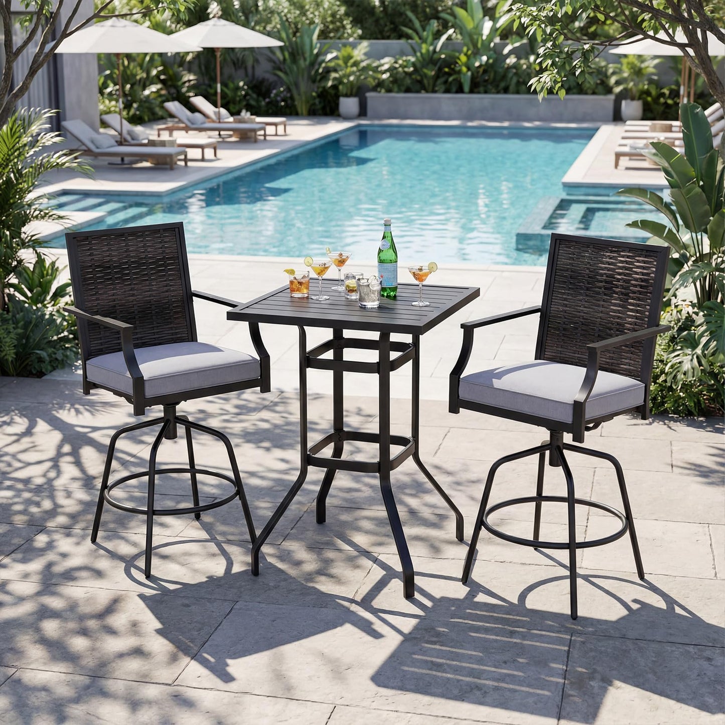 Tangkula 3 Pieces Outdoor Swivel Bar Set High Top Patio Bar Table and Rattan Wicker Chairs
