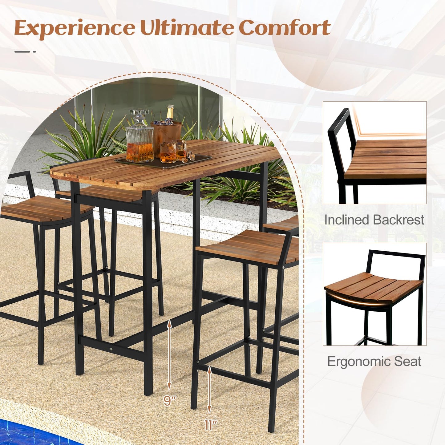 Tangkula 5 Piece Acacia Wood Bar Table Set