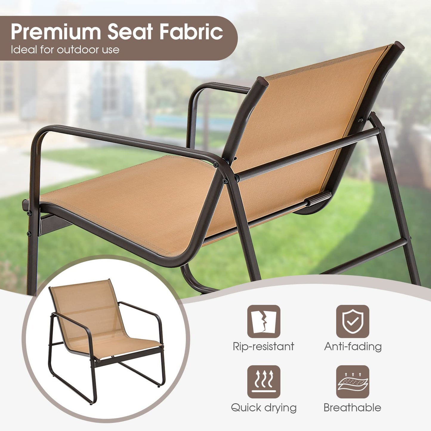 Tangkula 3 Pieces Patio Conversation Set, Outdoor Metal Chair & Table Set, Breathable Fabric & Tempered Glass Tabletop