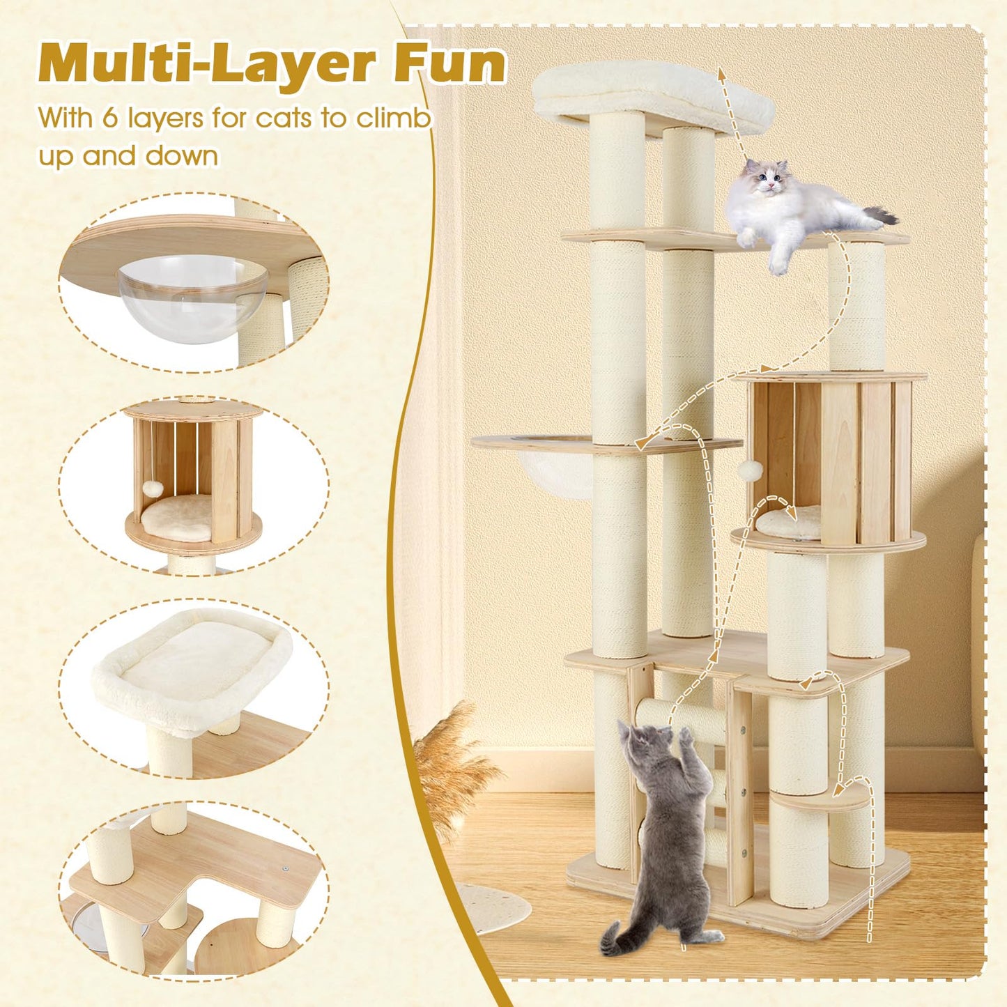 Tangkula Arbre à chat en bois multicouche de 71 po | Arbre à chat moderne pour chats d'intérieur adultes de grande taille