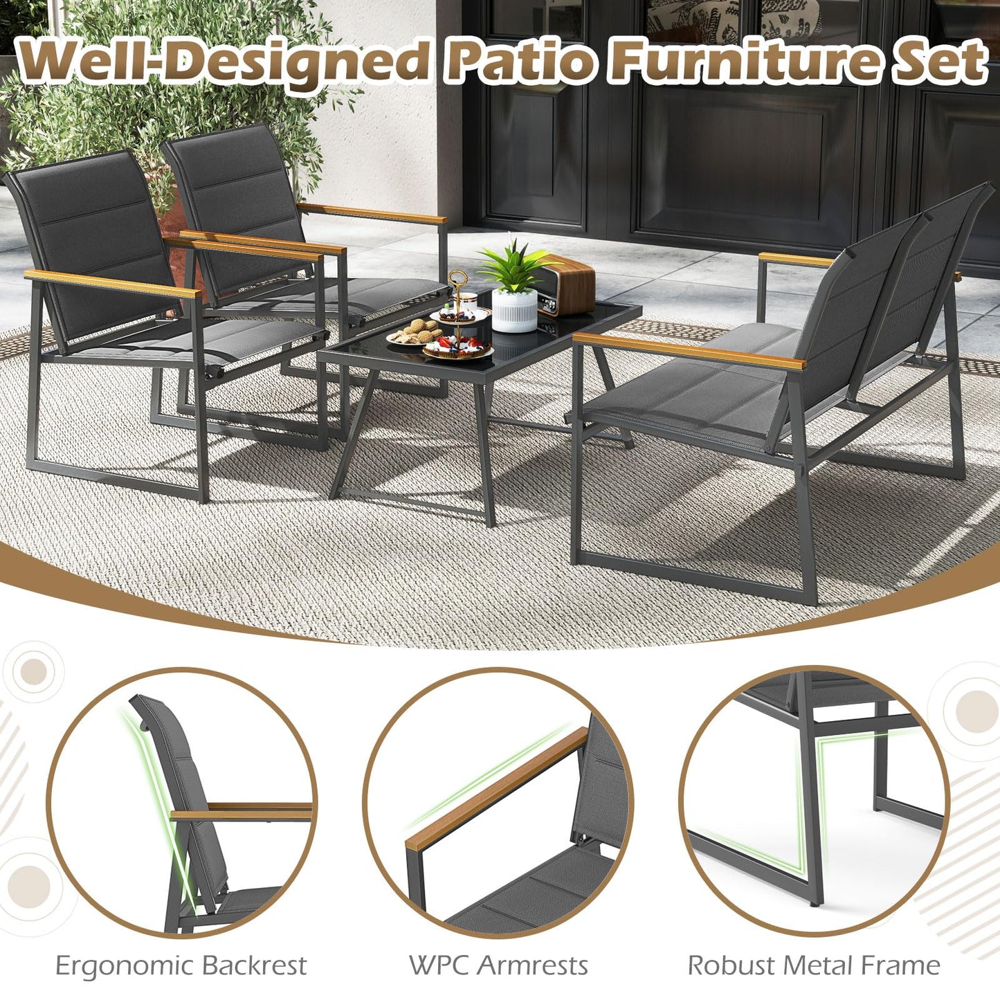 Tangkula 4 Piece Patio Furniture Set Outdoor Metal Conversation Set