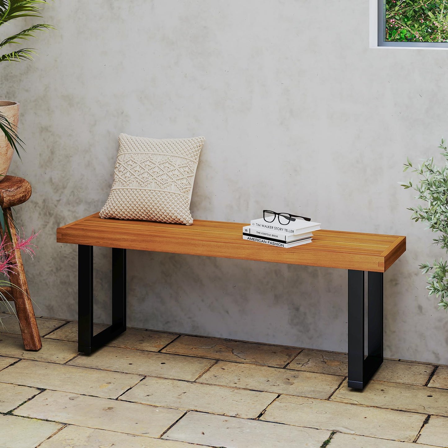 Tangkula 48" Long Patio Dining Bench with Metal Legs