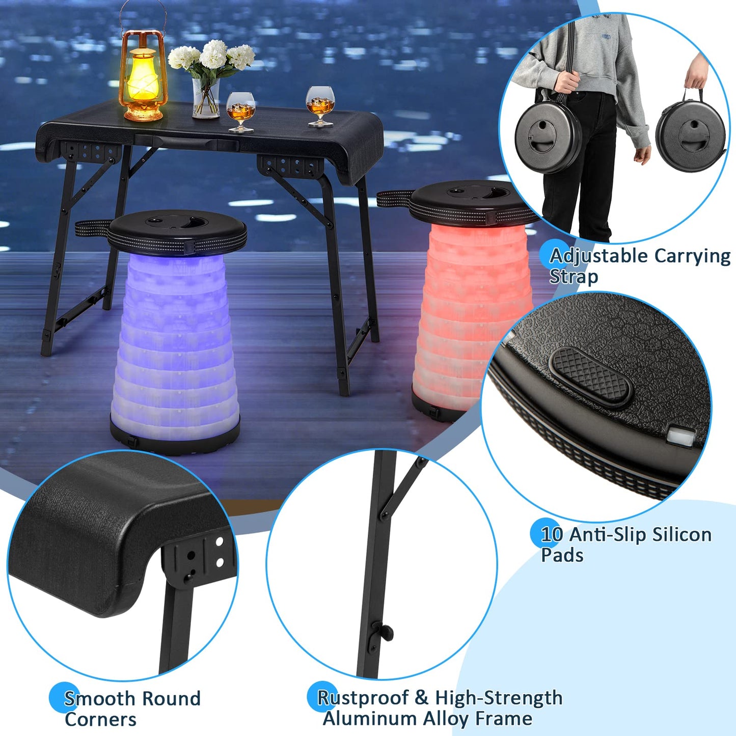 Ensemble table de camping Tangkula 3 pièces, table de camping pliante avec 2 tabourets LED pliables