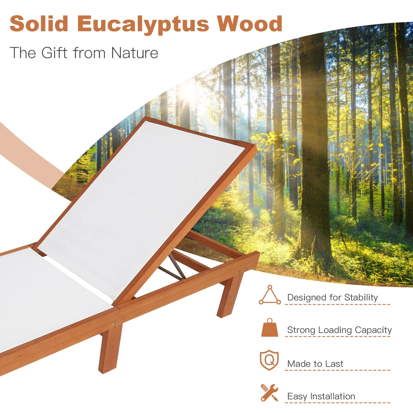 Tangkula Outdoor Wood Chaise Lounge Chair with 5 Position Adjustable Back