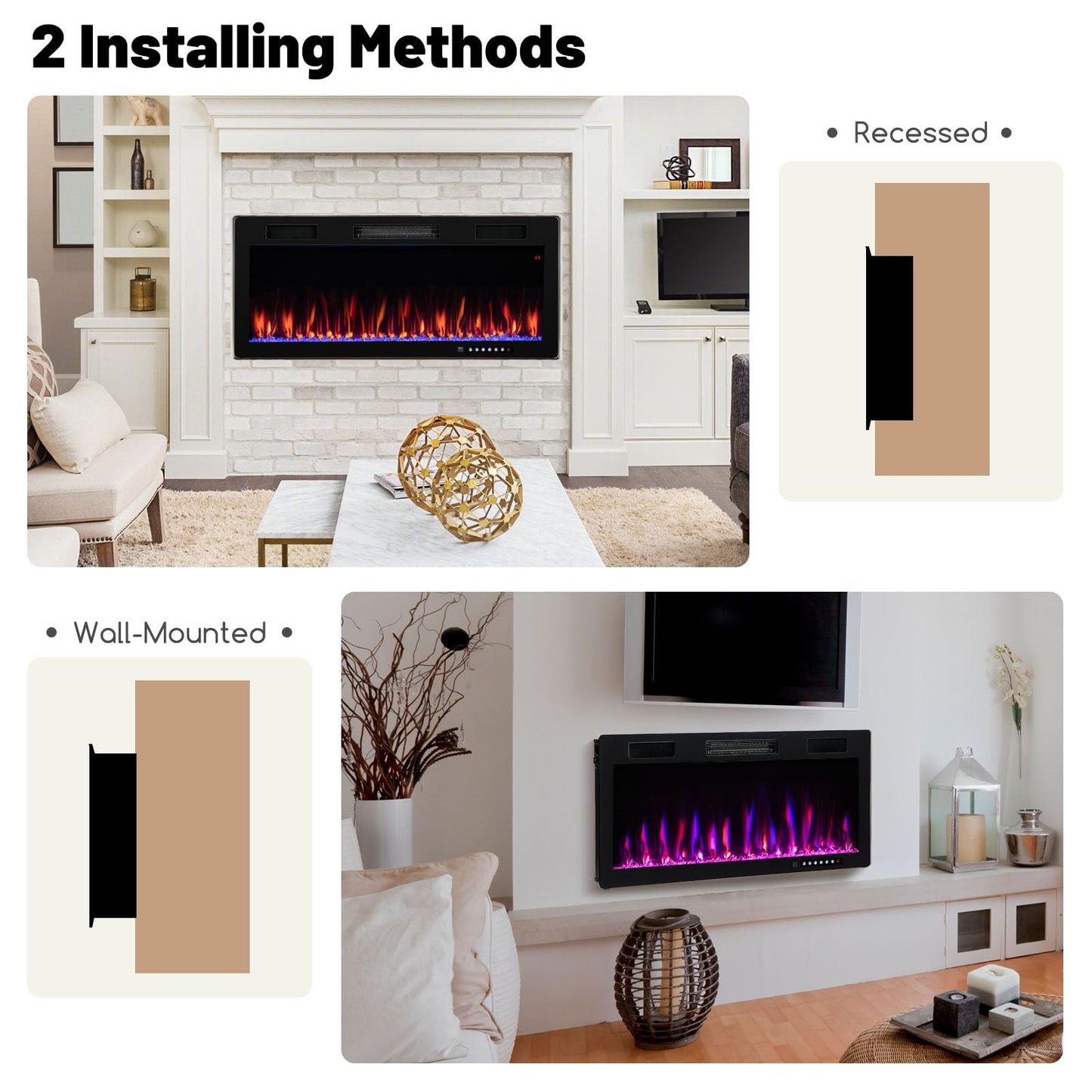 Tangkula 40 Inch Linear Electric Fireplace, Recessed & Wall-Mounted Fireplace Heater with Multi-Color Flame