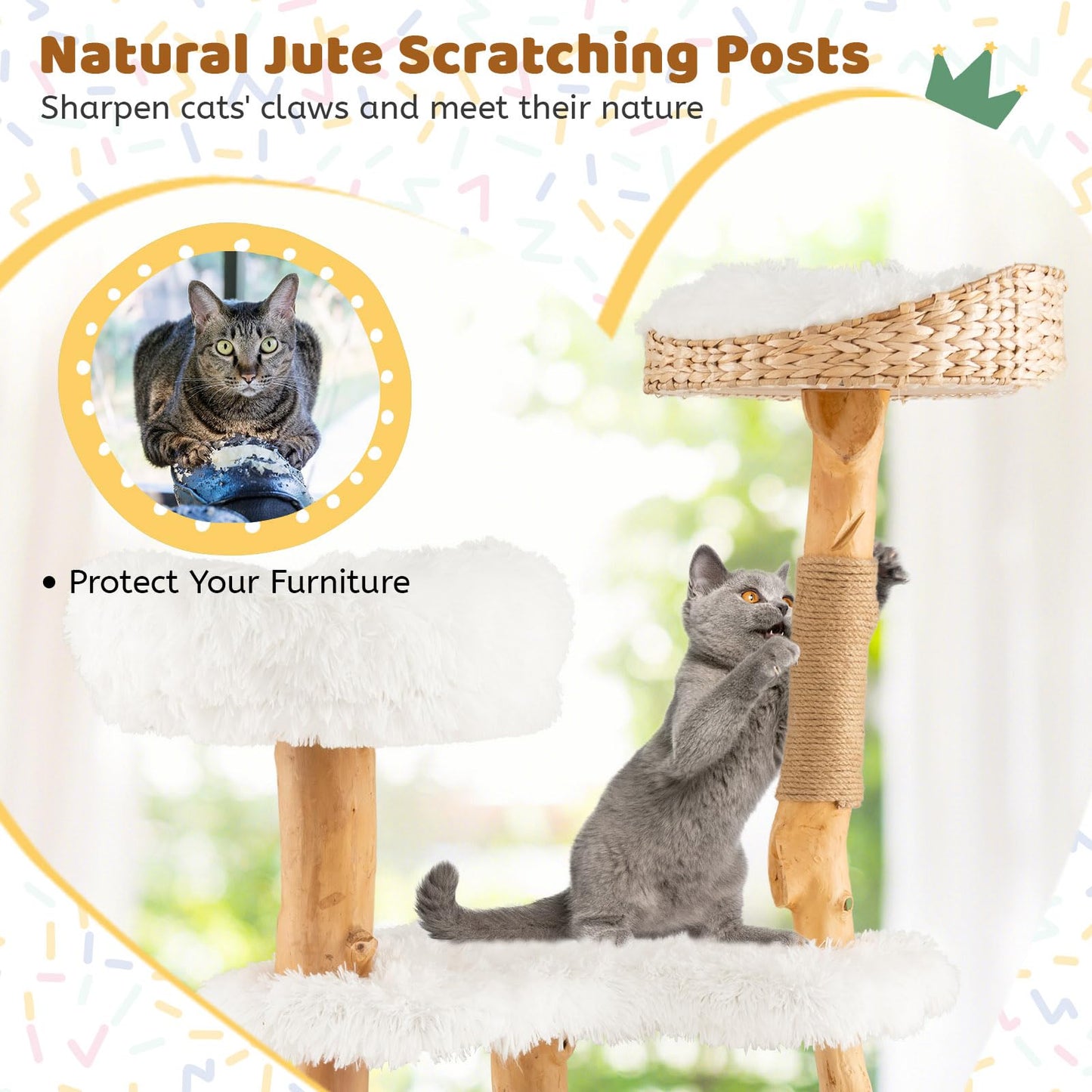 Tangkula Cat Tree Tower Solid Wood Modern Cat Tower with Top Cattail Basket Bed