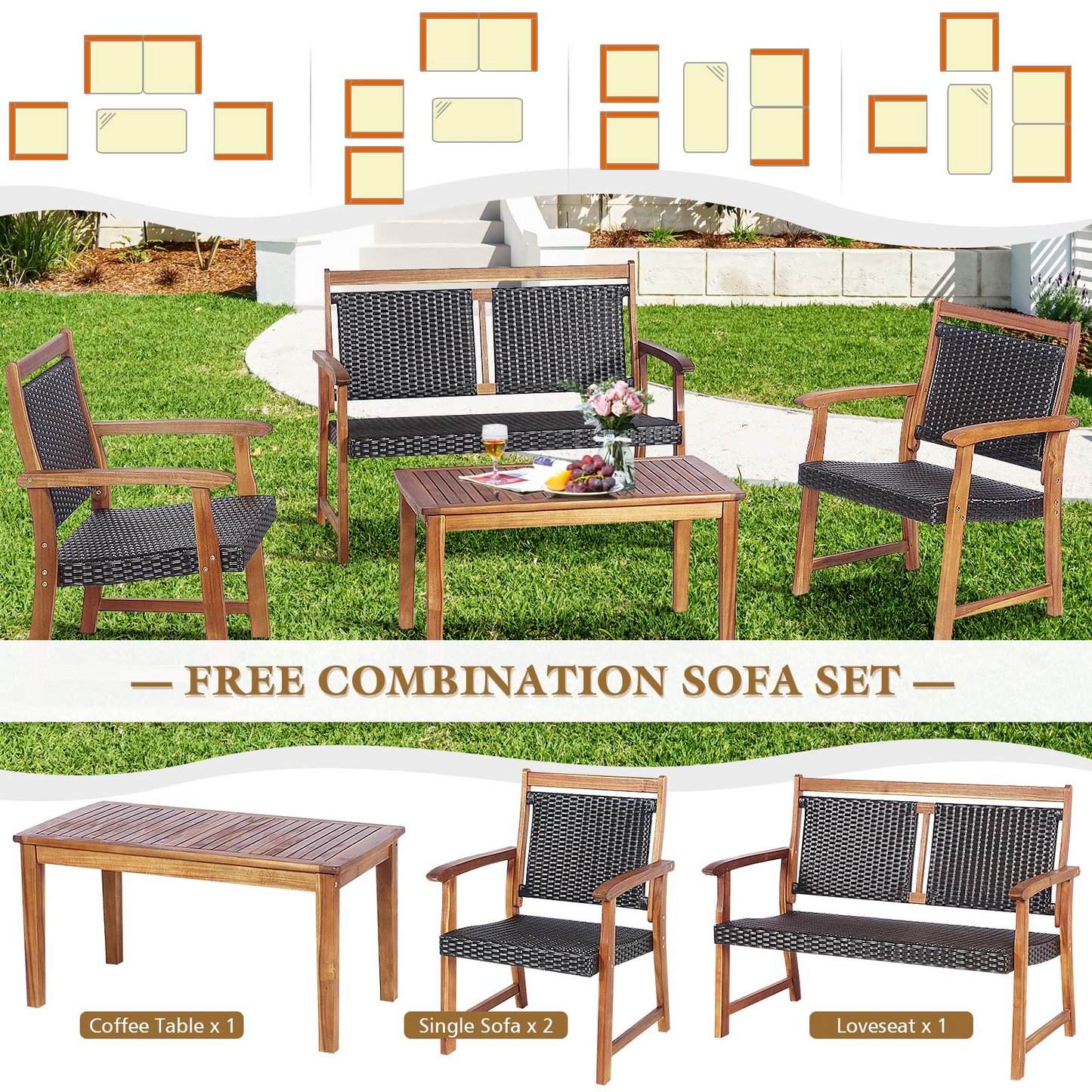 Tangkula 4 Pieces Patio Rattan Conversation Set with Acacia Wood Frame, Patiojoy Outdoor Furniture Set with Chairs & Coffee Table