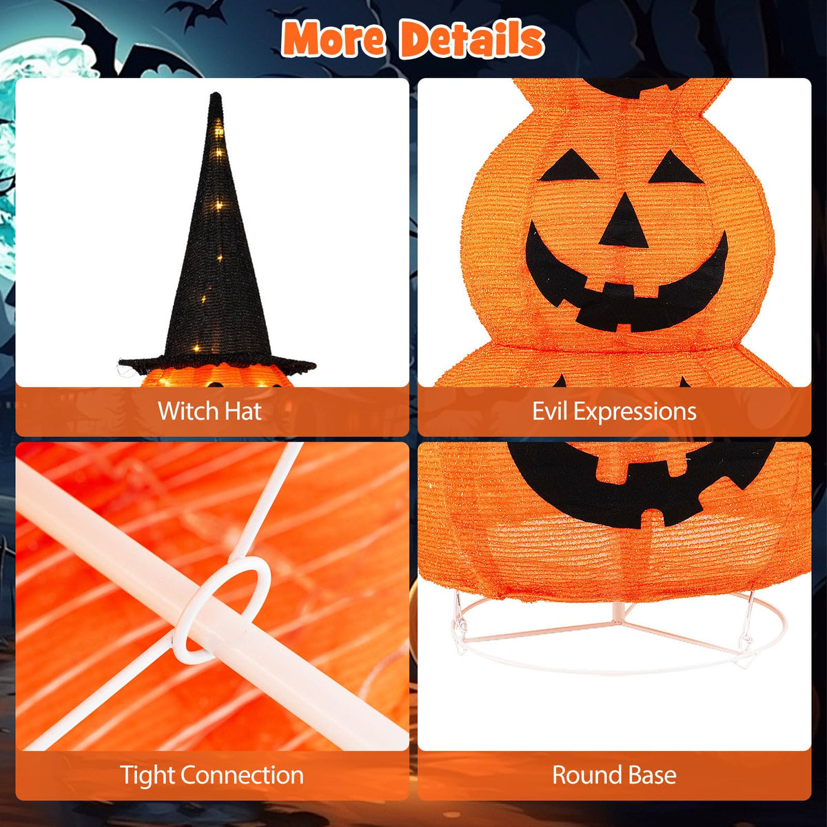 Tangkula Citrouilles empilées gonflables d'Halloween de 1,5 m avec chapeau de sorcière et 100 lumières LED