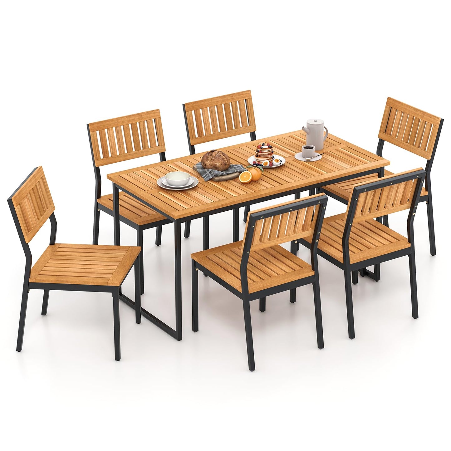 Ensemble de salle à manger d'extérieur Tangkula 7 pièces pour 6 personnes, table à manger rectangulaire en bois d'acacia et 6 chaises sans accoudoirs avec cadre en métal