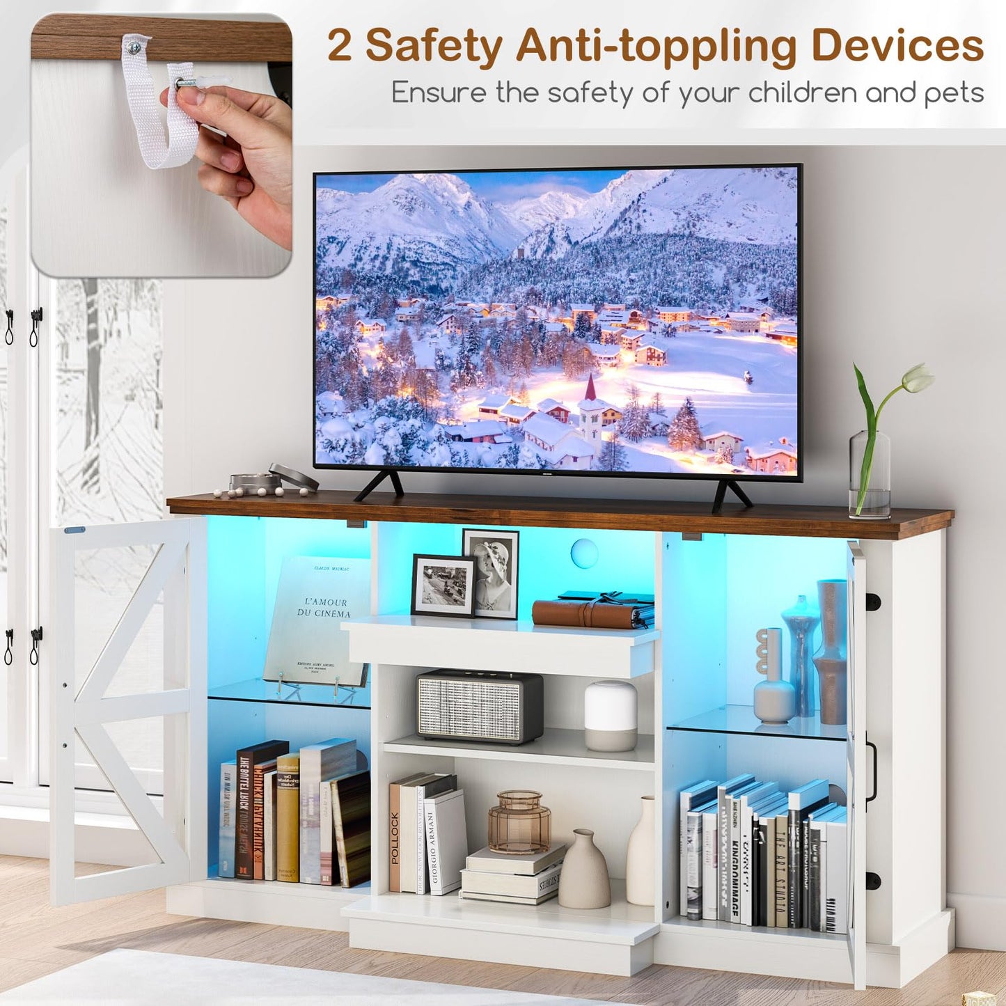 Tangkula Farmhouse LED TV Stand for TV up to 65 Inch