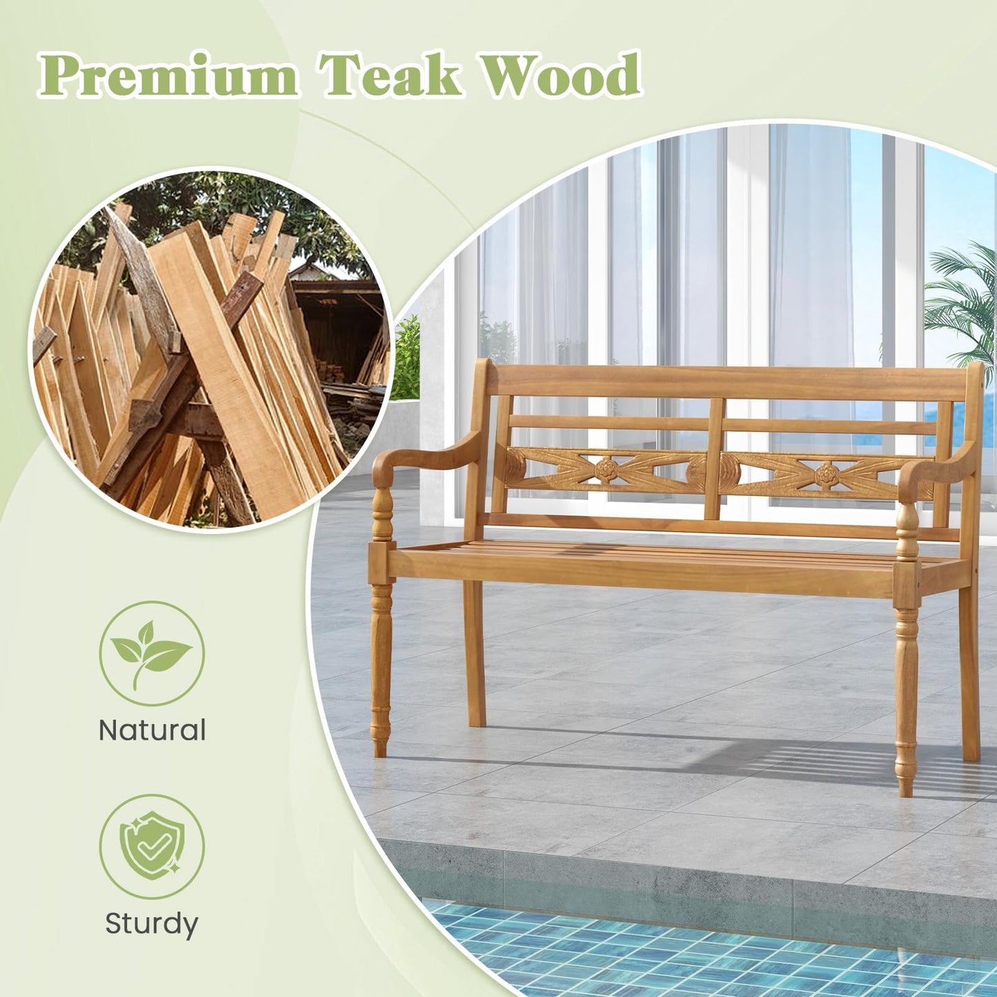 Tangkula Outdoor Bench, 2-Person Garden Bench with Wide Backrest and Curved Armrests