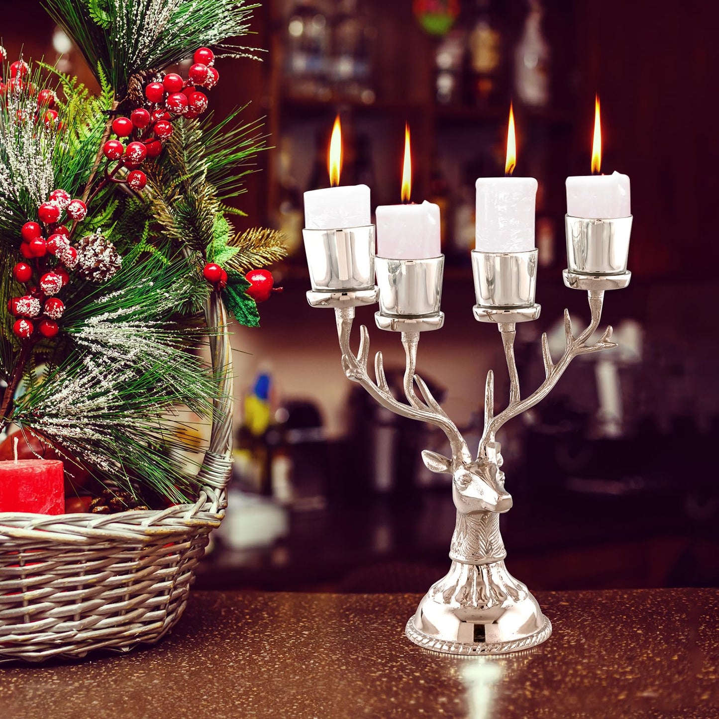 Tangkula Reindeer Candle Holder, Deer Christmas Ornament for 4 Candles, Aluminum Table Christmas Decoration for Tealight