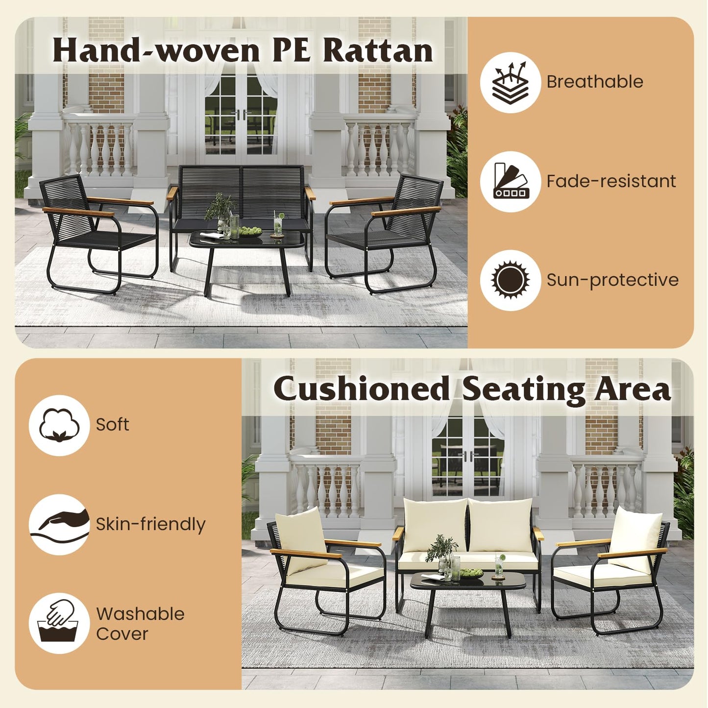 Tangkula Wicker Patio Furniture Set Outdoor Conversation Set with Tempered Glass Coffee Table