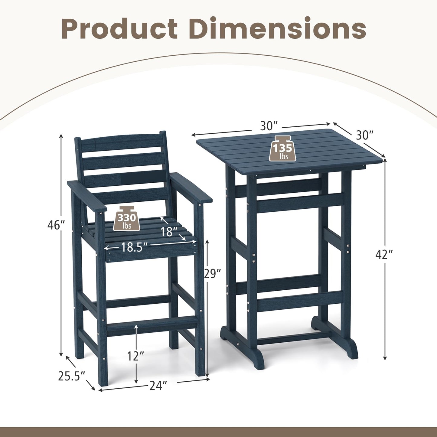 Tangkula 3-Piece Patio HDPE Bar Set