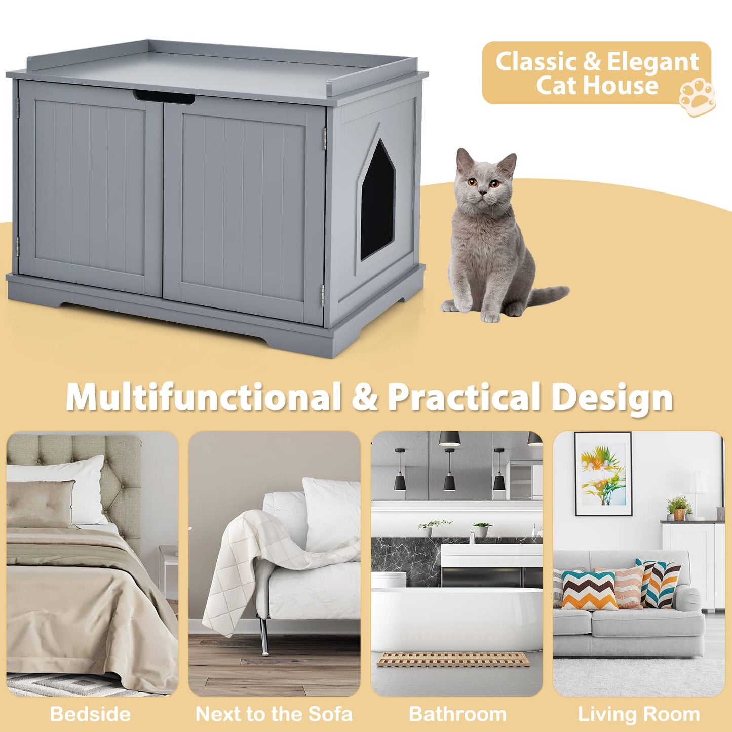 Meuble cache-litière Tangkula, Meuble cache-litière pour chat, Maison pour animaux de compagnie/table de chevet avec doubles portes