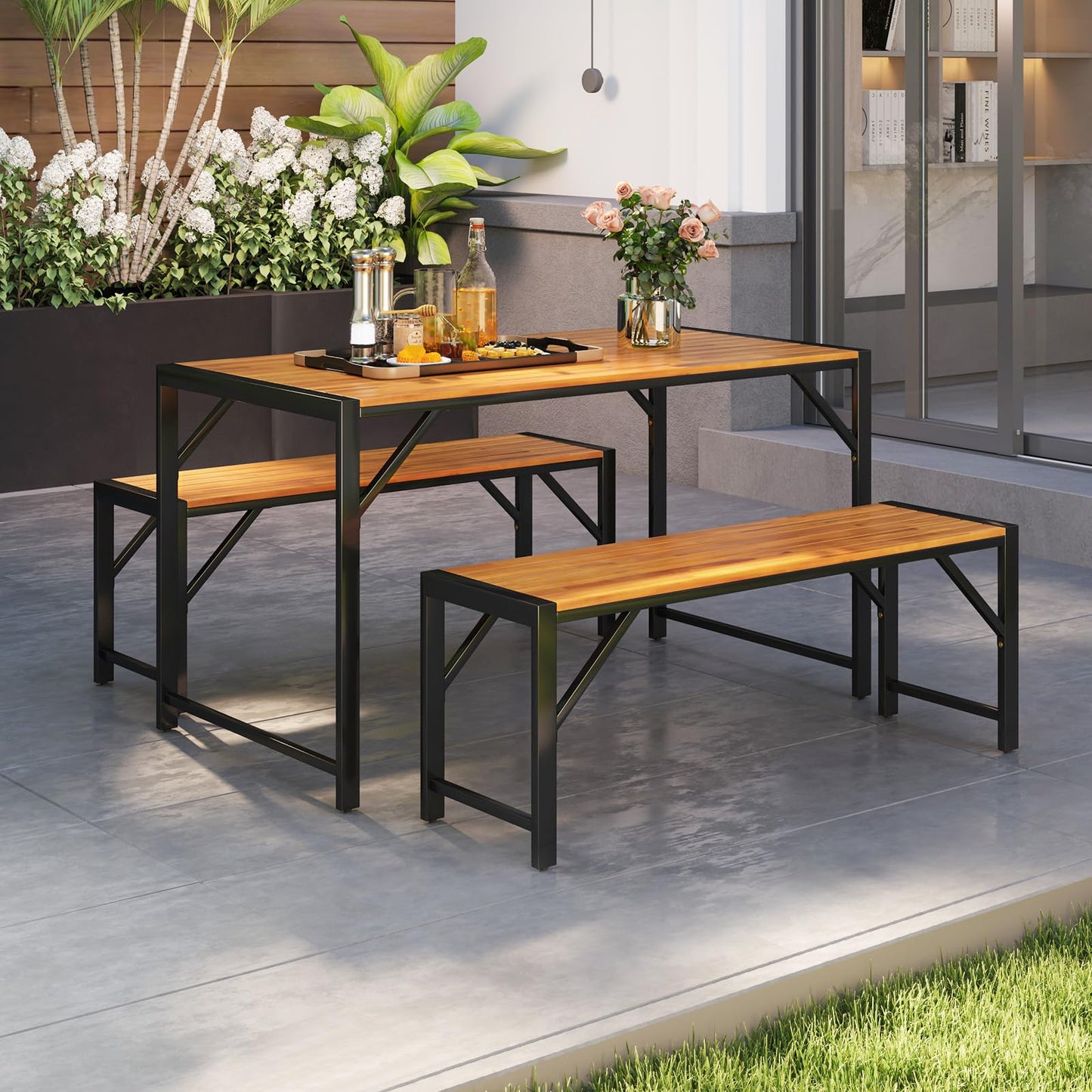 Tangkula 3 Pieces Patio Dining Set for 6 People, Outdoor Picnic Table & 2 Benches, 53” Acacia Wood Dining Table