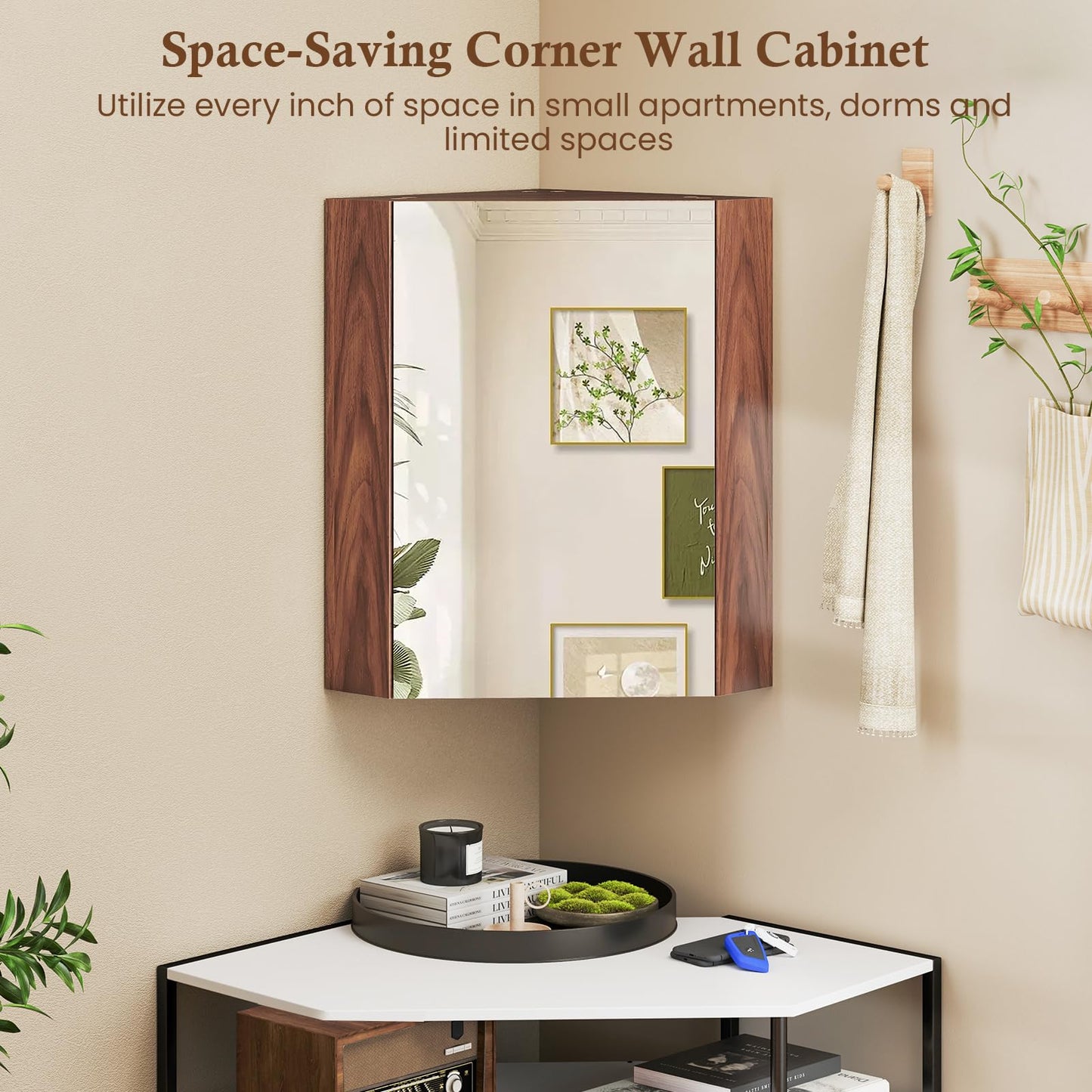 Tangkula Corner Medicine Cabinet with Mirror, 23.5" Wall Mounted Storage Cabinet Organizer with Left/Right Open Mirror Door & Adjustable Shelf