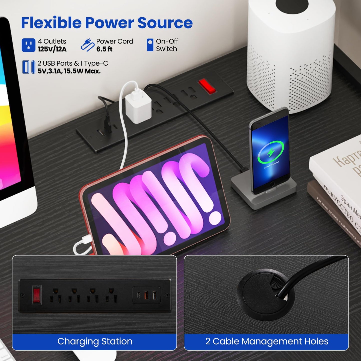 Tangkula L-Shaped Desk with LED Strip & Power Outlets