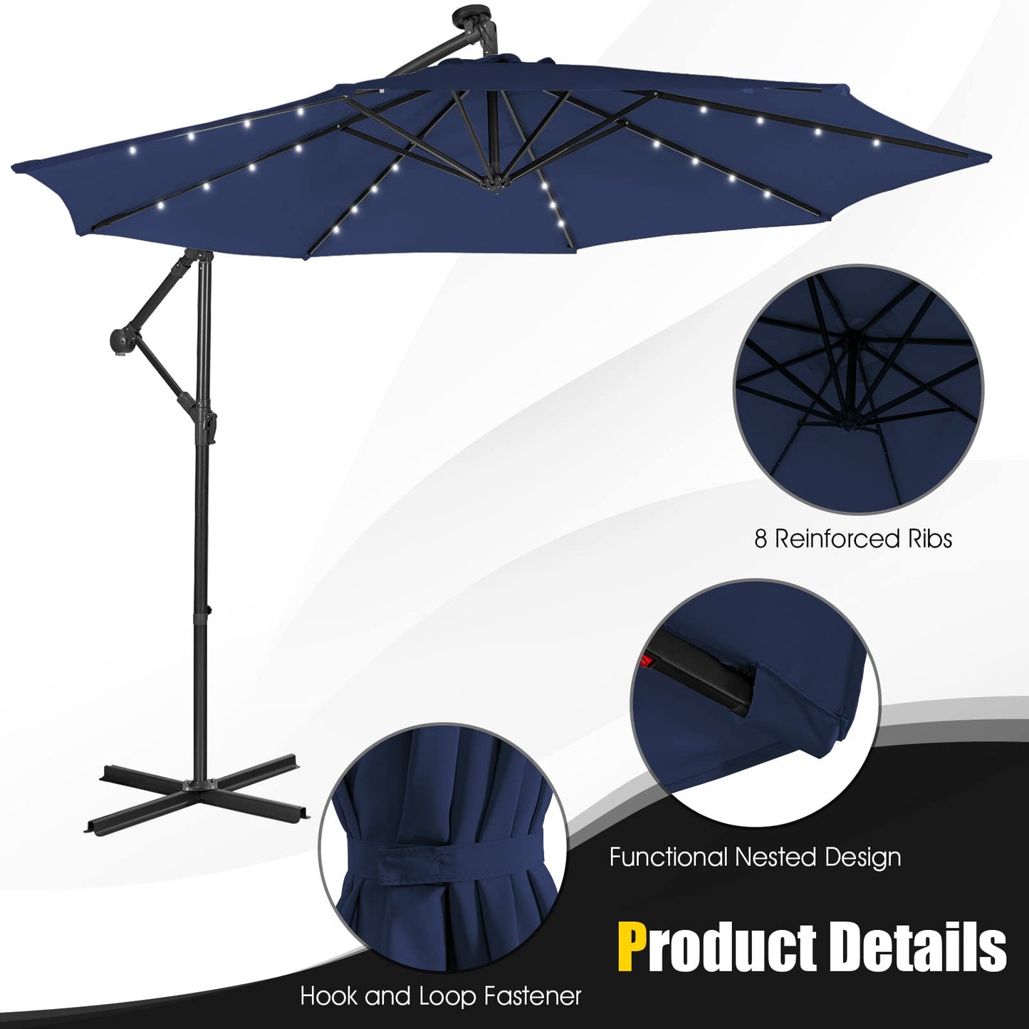 Tangkula 10 ft Cantilever Umbrella w/32 Solar-Powered LED Lights, Functional Tilting System & Hand-Crank Mechanism