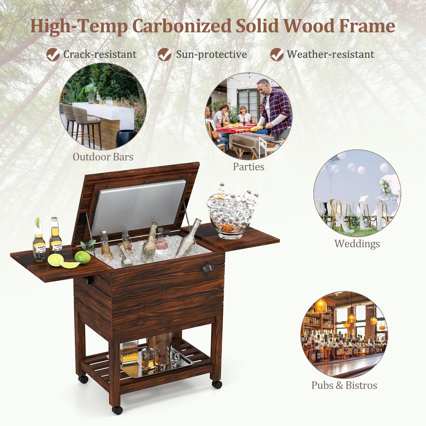 Tangkula Rolling Wooden Patio Cooler Cart(54 Quart)